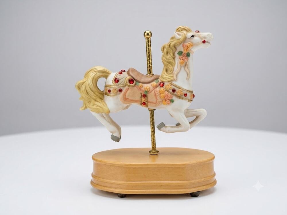 Vintage Jeweled Hand-Painted Porcelain Carousel Horse Music Box on Wooden Base